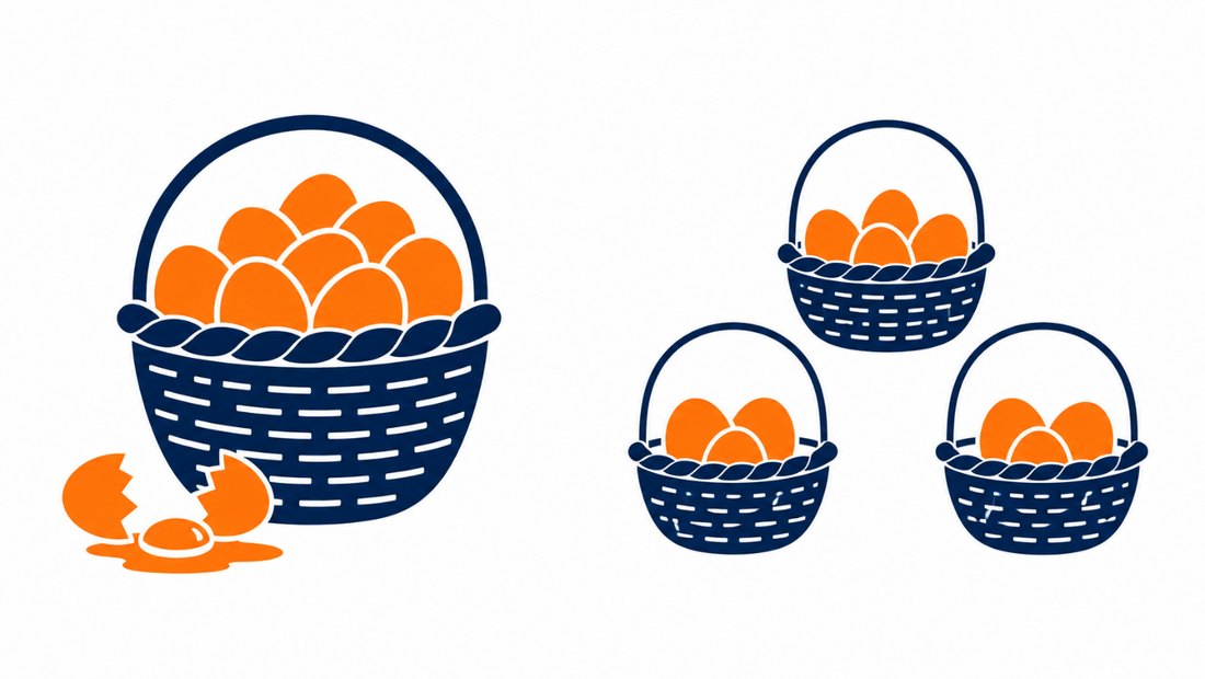 Left: one large basket holding every egg, with one egg broken on the ground. Right: the same eggs spread across three smaller baskets.